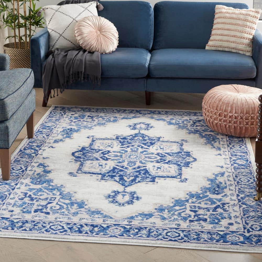 Ivory Blue Floral 4' x 6' Reversible Synthetic Area Rug
