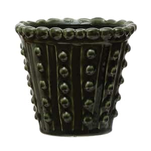 5.87 in. W x 5.12 in. H Green Textured Round Stoneware Hobnail Decorative Pot