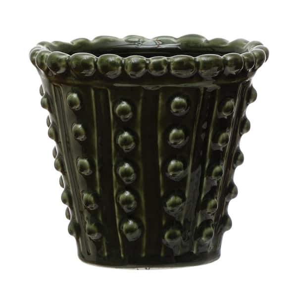 Storied Home 5.87 in. W x 5.12 in. H Green Textured Round Stoneware Hobnail Decorative Pot