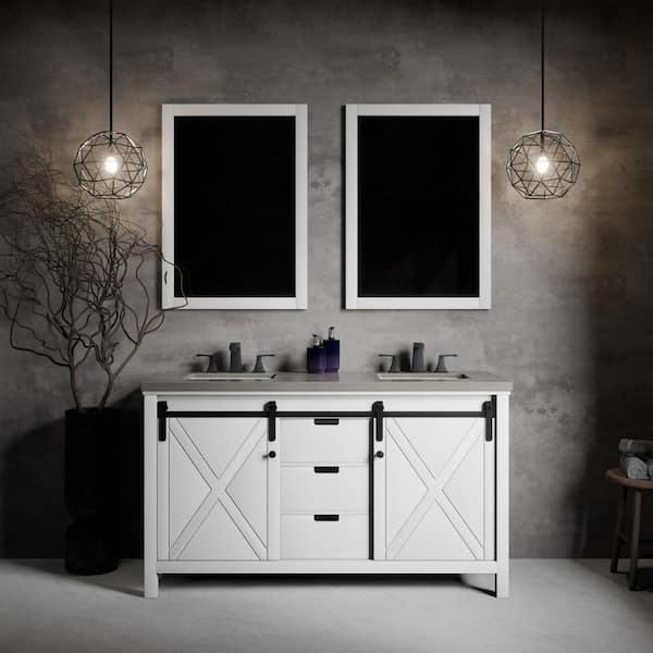 Marsyas 60 in W x 22 in D White Double Bath Vanity, Grey Quartz Countertop and 24 in Mirrors
