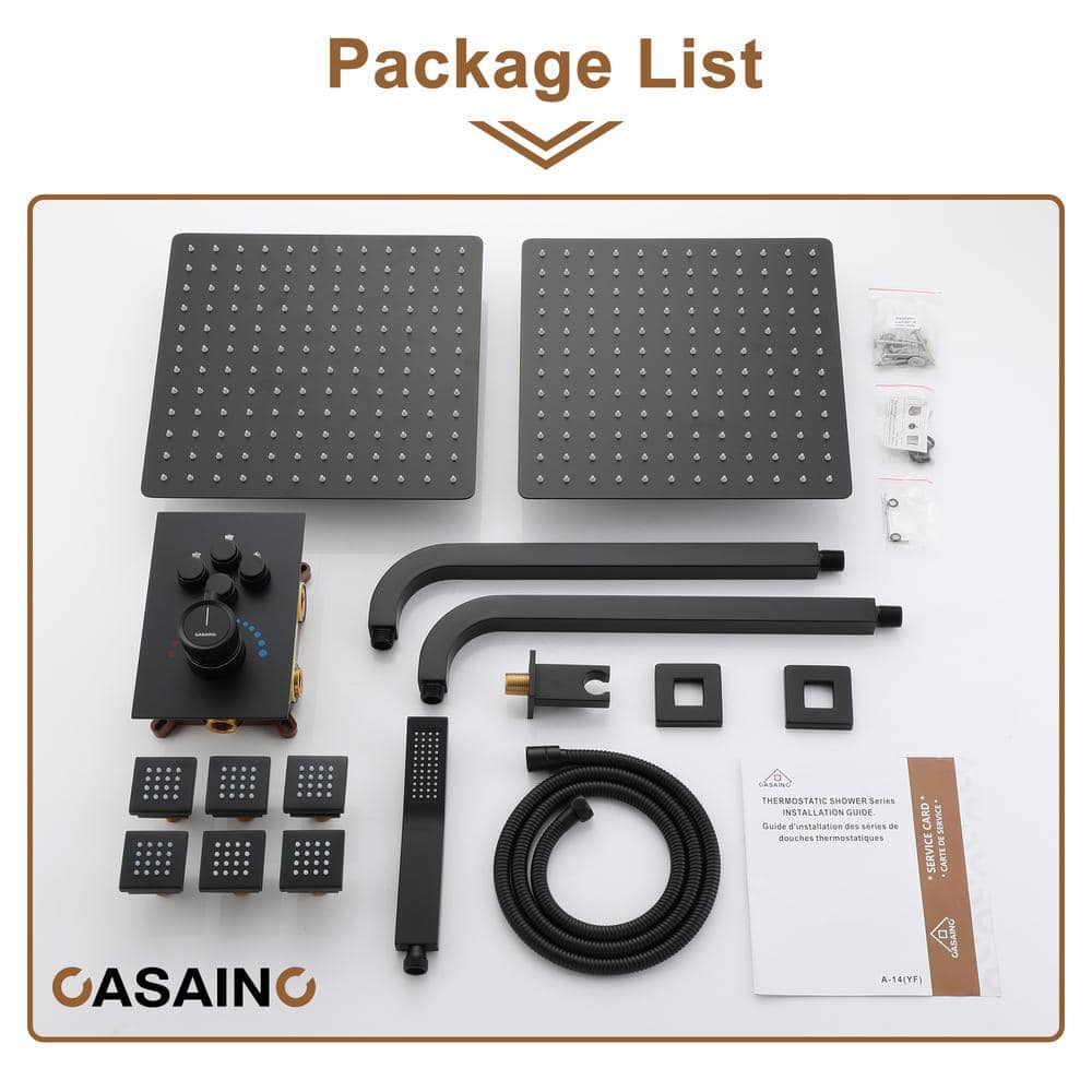 Matte Black Dual Shower Head Thermostatic System with Body Jets