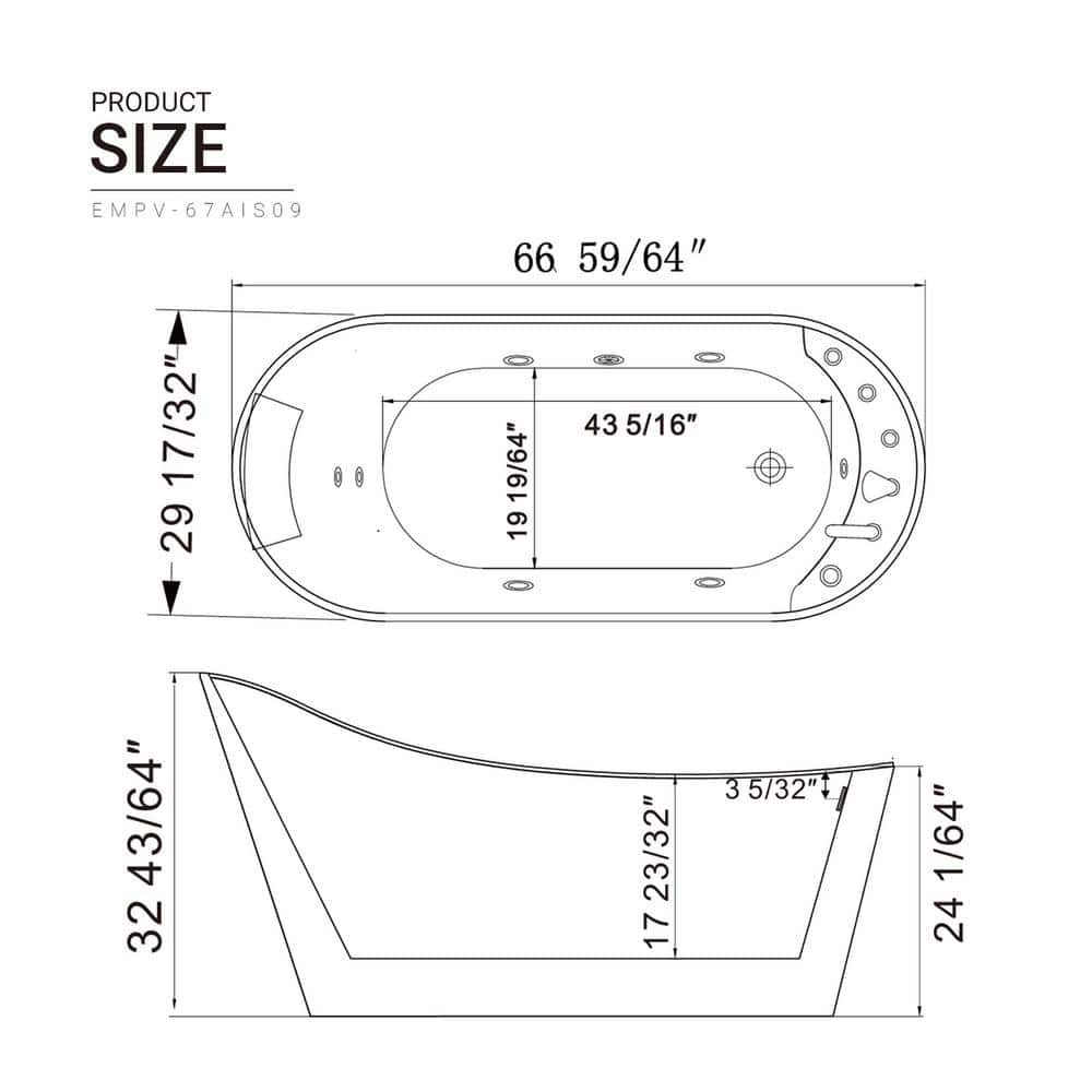 67'' White Freestanding Acrylic Whirlpool Bathtub with Faucet