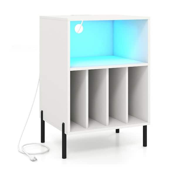 Record Player Stand with LED Lights, Charging Station with Outlets and USB, Vinyl Storage