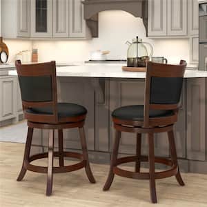 25 in. Espresso Low Back Wood Swivel Bar Stool Counter Stool with PU Seat (Set of 2)