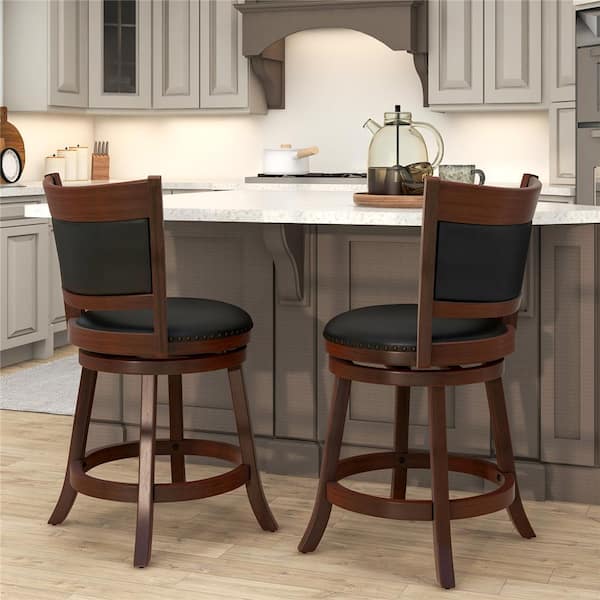 Costway 25 in. Espresso Low Back Wood Swivel Bar Stool Counter Stool with PU Seat (Set of 2)