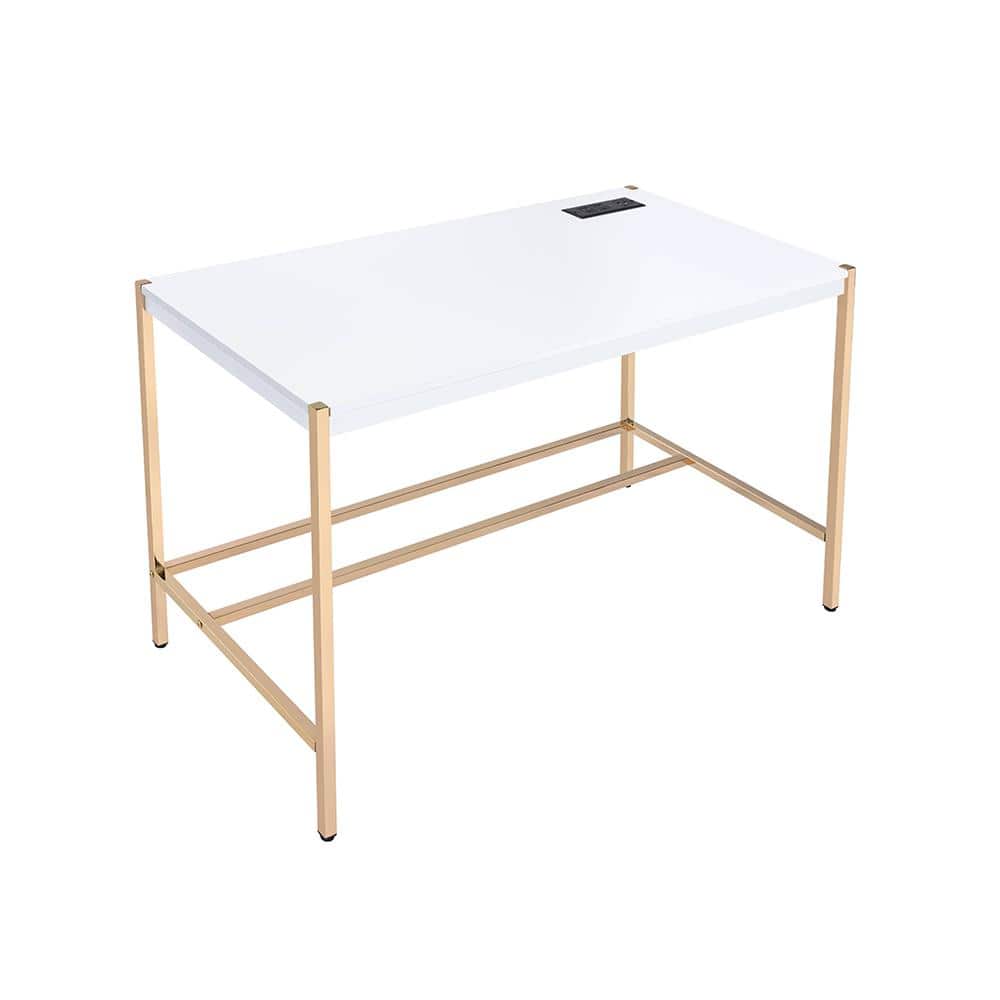 Elegance White & Gold Writing Desk with USB Port and Cable Management