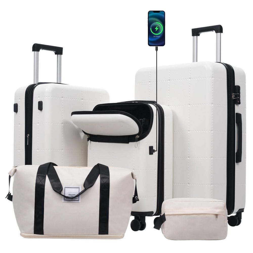 "5 Bags 5-Piece White Expandable ABS Luggage Set with Duffel Bag, Toiletry Bag, Front Half Opening Design(20""), USB Port" price history on PriceWatchPro