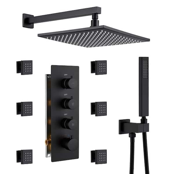 Unbranded Luxury 3-Spray Patterns Thermostatic 12 in. Wall Mount Rainfall Dual Shower Heads with 6-Body Spray in Matte Black