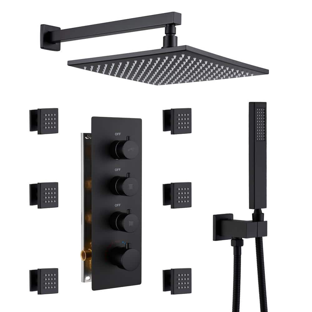 Matte Black 12-Inch Stainless Steel Multi-Head Wall Mounted Shower System