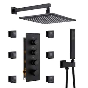 Luxury 3-Spray Patterns Thermostatic 12 in. Wall Mount Rainfall Dual Shower Heads with 6-Body Spray in Matte Black