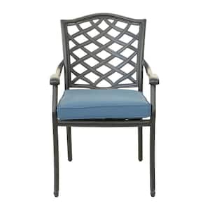 Stylish and Modern Design High-Quality Weather-Resistant Silver Aluminum Outdoor Dining Chair in. Blue Cushion (2-Pack)