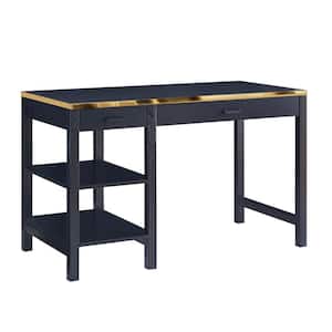 23.31 in. Rectangle Black, Gold Wood 2 Drawers Writing Desk with 2 Open Shelves
