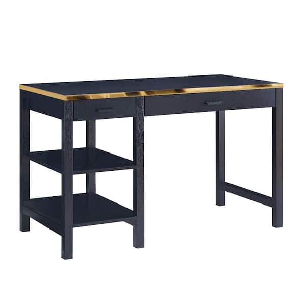 Benjara 23.31 in. Rectangle Black, Gold Wood 2 Drawers Writing Desk with 2 Open Shelves