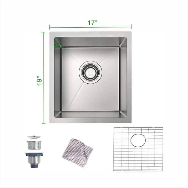 17 x 19 in. Undermount Single Bowl 16 Gauge Brushed Nickel Stainless Steel Kitchen Sink with Strainer and Bottom Grids