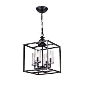 Tokala 60-Watt 4-Light Black Lantern Square Pendant Light with Clear Glass Shades, No Bulbs Included