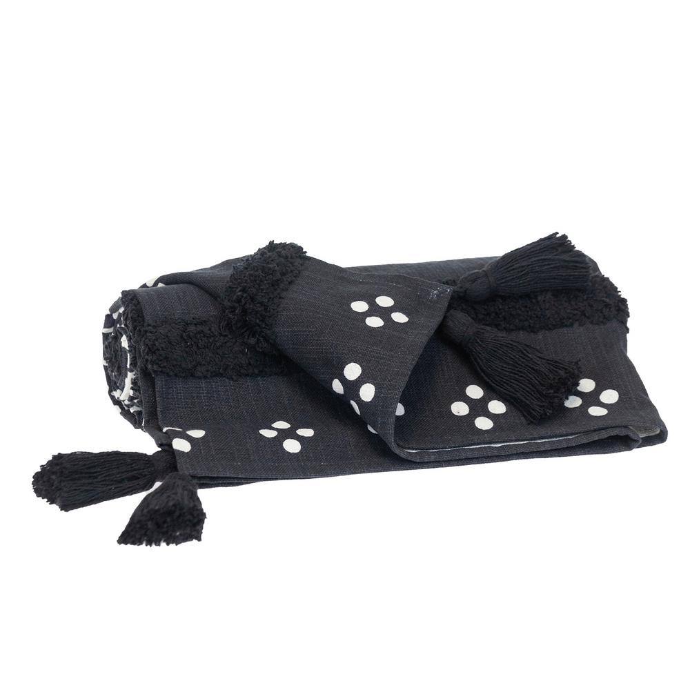 Transitional Black and White Cotton Throw with Tasseled Ends 50" x 60"