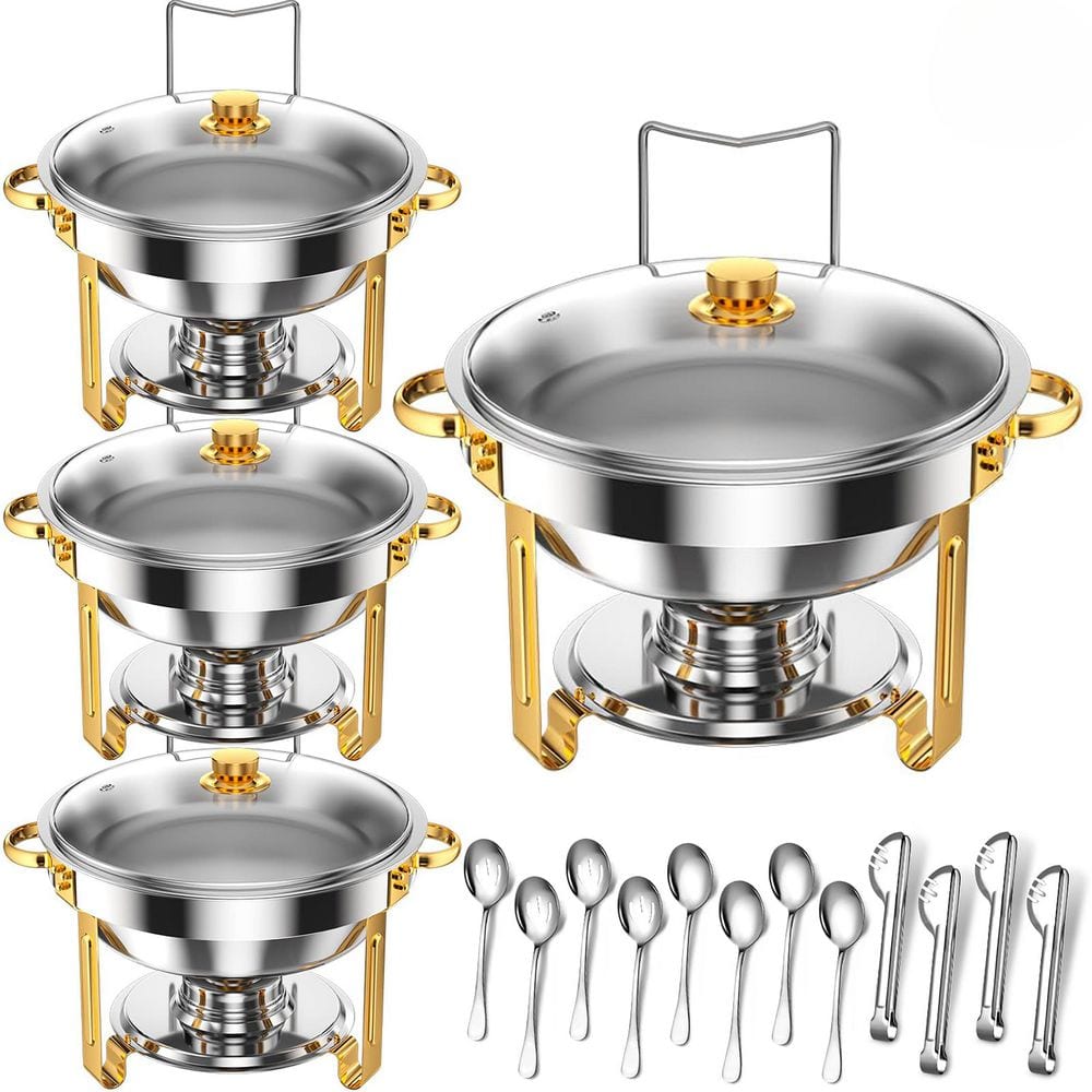 Round Series 5 qt. Half Gold Stainless Steel Chafing Dish Set Buffet Server with Glass Lid Thermal Insulation 4-Pack