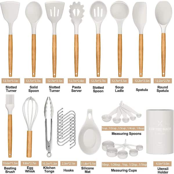 Aoibox 33-Piece Silicon Cooking Utensils Set with Wooden Handles and Holder for Non-Stick Cookware, Cream White