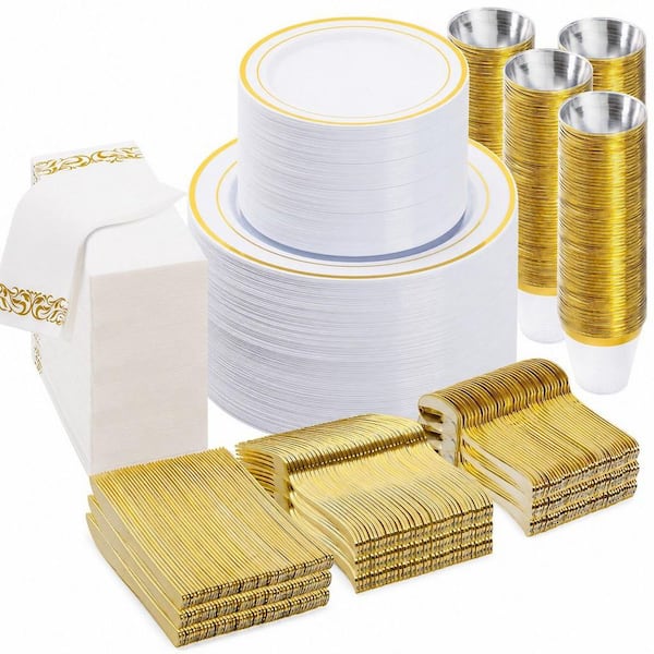 700-Piece Gold Plastic Dinnerware Set for Service for 100, 200 Plates, 100 Gold Silverware, 100 Cups, 100 Paper Napkins