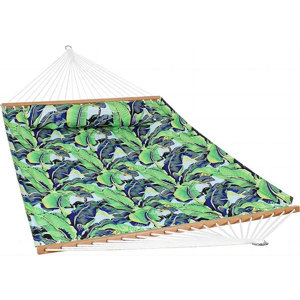 Unbranded 12 ft. 2-Person Quilted Printed Fabric Spreader Bar Hammock and Pillow (Green Palm Leaves）