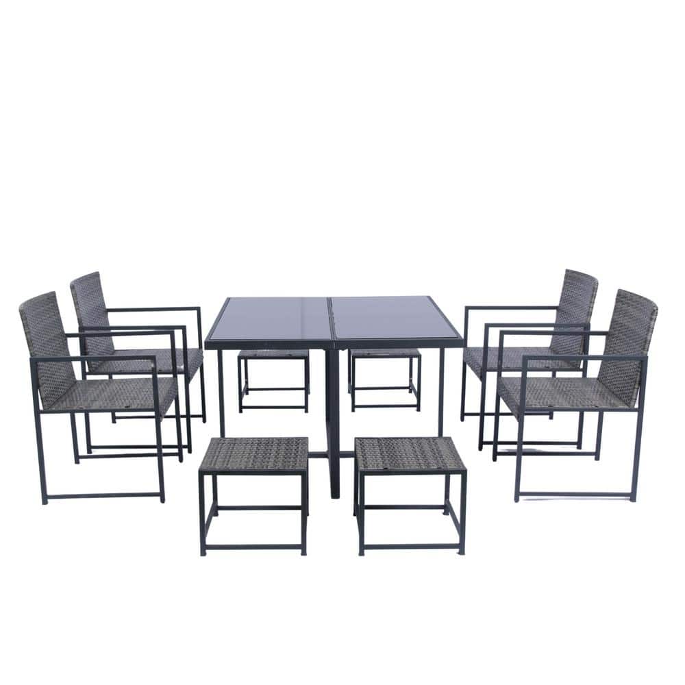 9-Piece Grey Wicker Rattan Patio Outdoor Dining Sets with Dark Grey Cushion
