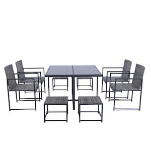 9-Piece Grey Wicker Rattan Patio Outdoor Dining Sets with Dark Grey Cushion, Glass Table Top