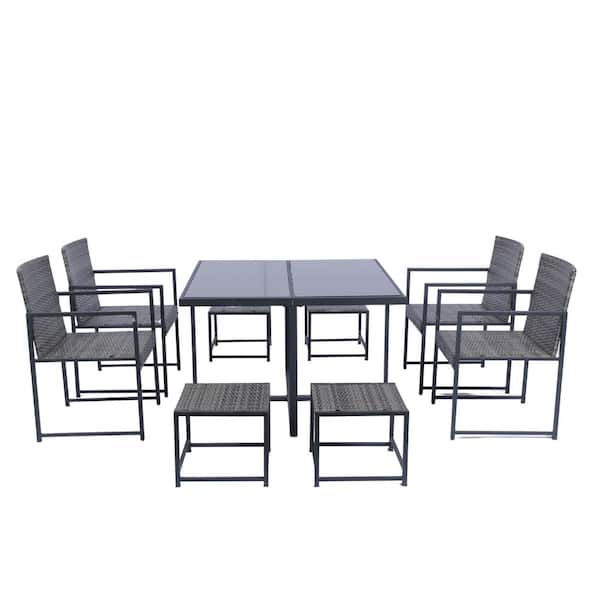 Unbranded 9-Piece Grey Wicker Rattan Patio Outdoor Dining Sets with Dark Grey Cushion, Glass Table Top