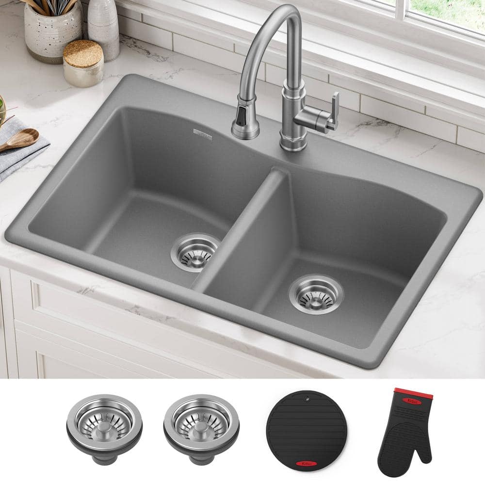 Gray Granite Dual Bowl Drop-In Kitchen Sink with Accessories