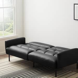 Black Faux Leather Futon Sofa Bed with Box Tufting