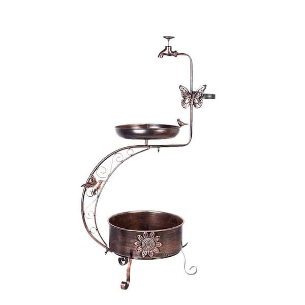 Phewnyzo Solar Bird Bath 36 in. 9.6 in. Copper Metal Solar Fountain Black with Flower Planter Pedestal and String Lights