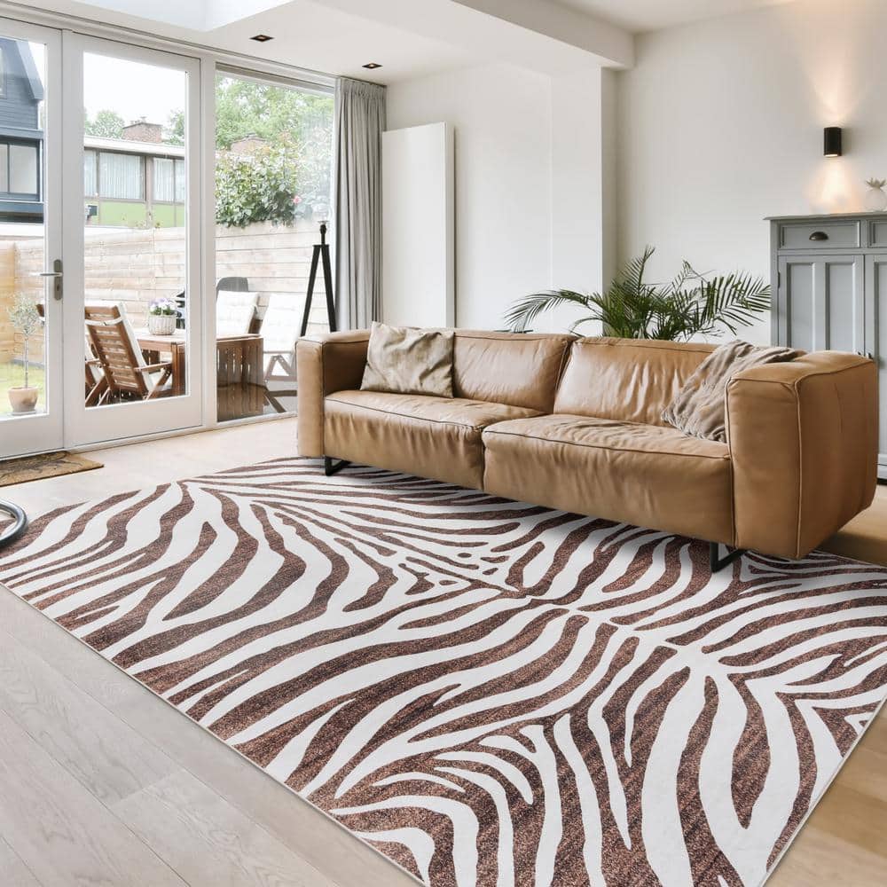 Ivory and Brown Zebra Print 8' x 10' Synthetic Area Rug