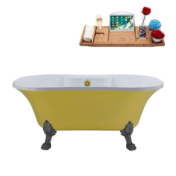 Streamline 60 in. Acrylic Clawfoot Non-Whirlpool Bathtub in Matte Yellow With Brushed Gun Metal Clawfeet And Brushed Gold Drain