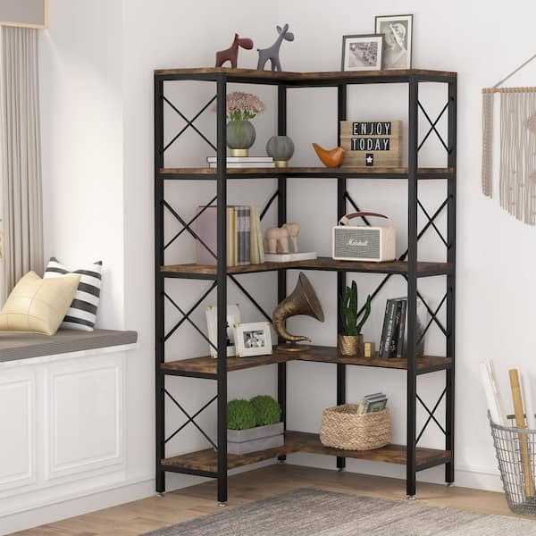 BYBLIGHT Eulas 65.74 in. Black/Brown Engineered Wood 5-Shelf Standard Corner Bookcase with Storage Display Rack for Living Room