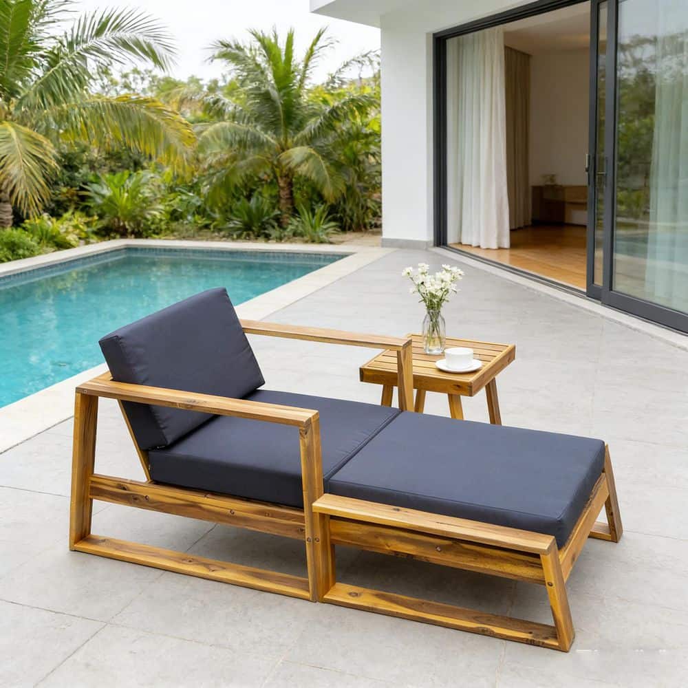 Natural Acacia Wood Outdoor Lounge Chair, Daybed with Gray Cushion