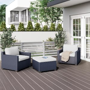 3-Piece Outdoor Navy Wicker Conversation Set Including Club Chairs and Ottoman