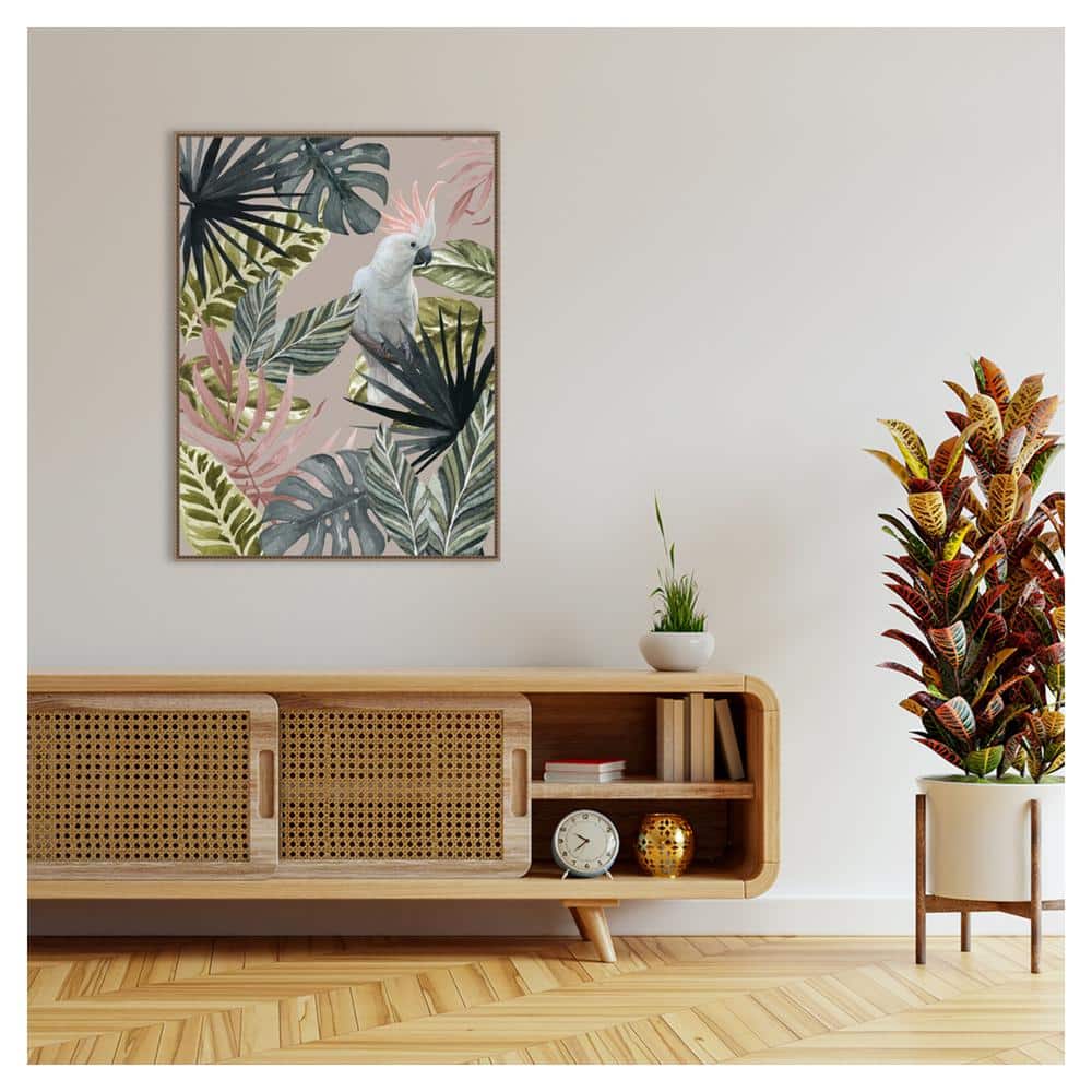 Tropical Cockatoo with Leaves Beaded Bronze Framed Canvas Wall Art 32 x 42