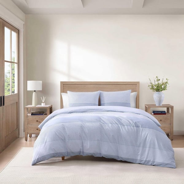 Tommy Hilfiger Modern Stripe 3-Piece White/Pale Blue/Dark Blue Plain Weave Cotton King Duvet Cover Set