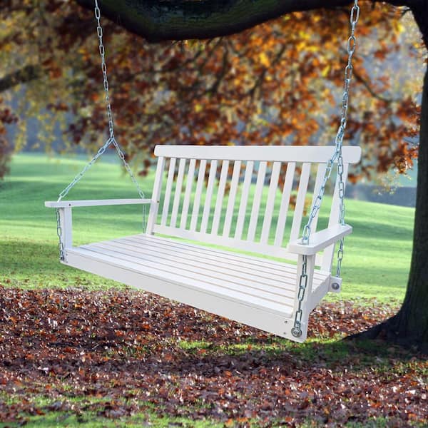 Unbranded Outdoor Wood Bench Porch Swing with Armrests, Hanging Chains, for Garden Yard, Porch, Backyard, or Sunroom, White
