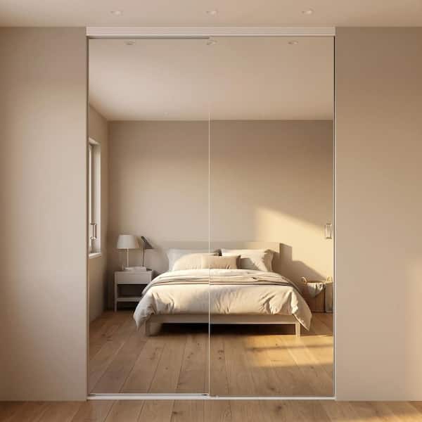 48 in. x 80 in. Polished Edge Backed Mirror Aluminum Frame Interior Closet Sliding Door with White Trim