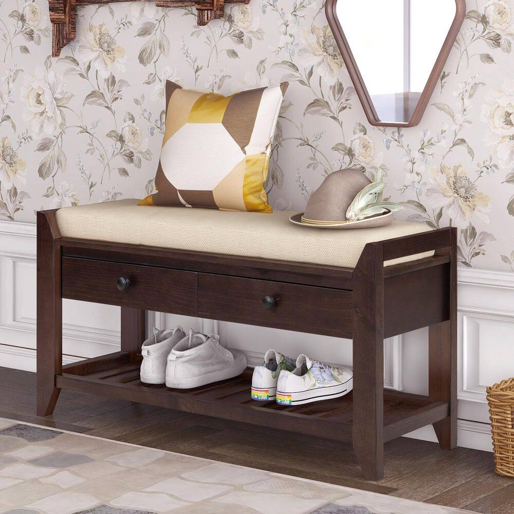 Phineas 19.80 in. H x 39.00 in. W Espresso Wood Shoe Storage Bench with Cushioned Seat and Drawers