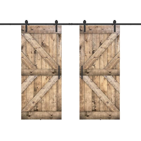 Dessliy Double KR 48 in. x 84 in. Dark Walnut Finished Pine Wood Sliding Barn Door with Hardware Kit (DIY)