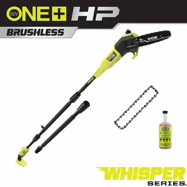 RYOBI ONE+ HP 18V Brushless Whisper Series 8 in. Cordless Battery Pole Saw (Tool Only) with Extra Chain & Bar and Chain Oil