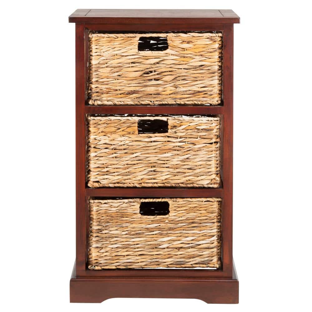 Transitional Brown Pine Wood Side Table with 3 Rattan Drawers