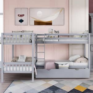 Gray L-Shaped Bunk Beds for 4, Twin Over Twin Bunk Bed with Drawers, Solid Wood Twin Size Bunk Bed Fram for Kids, Teens