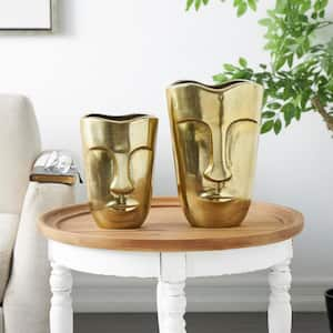 Gold Aluminum Face Decorative Vase with Abstract Details (Set of 2)