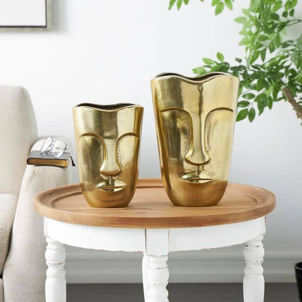 Litton Lane Gold Aluminum Face Decorative Vase with Abstract Details (Set of 2)
