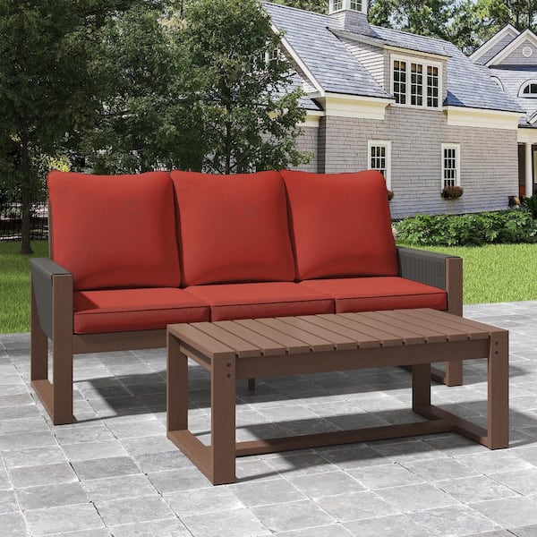 2-Piece Hemlock Wood Wicker Outdoor Couch Patio Sofa Set with Thicken Red Cushions and Coffee Table