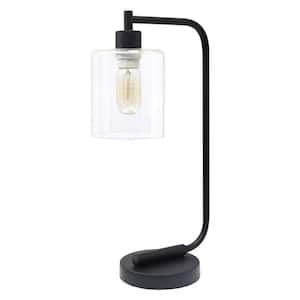 19 in. Bronson Antique Style Black Industrial Iron Lantern Desk Lamp with Glass Shade