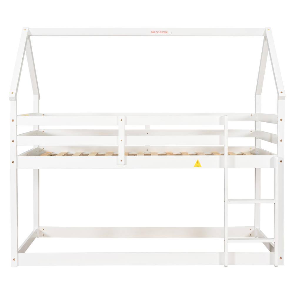 URTR Twin Over Twin Size Wooden White Bunk Bed with Roof and Ladder