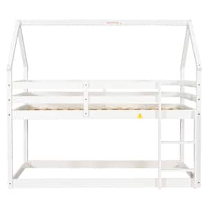 Twin Over Twin Size Wooden White Bunk Bed with Roof and Ladder, House Bunk Bed Frame for Kids, No Box Spring Required